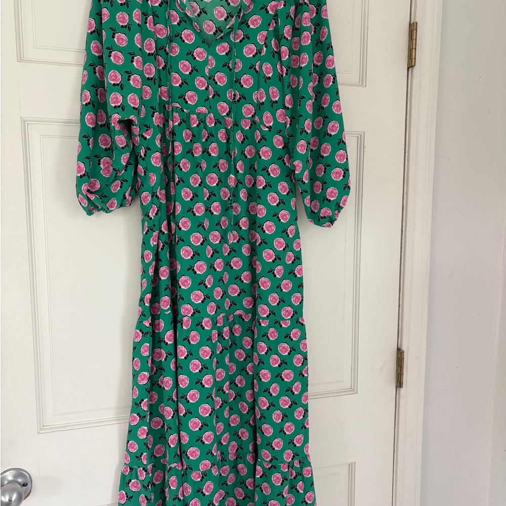 Green Floral Midi Dress with Pink Rose Print